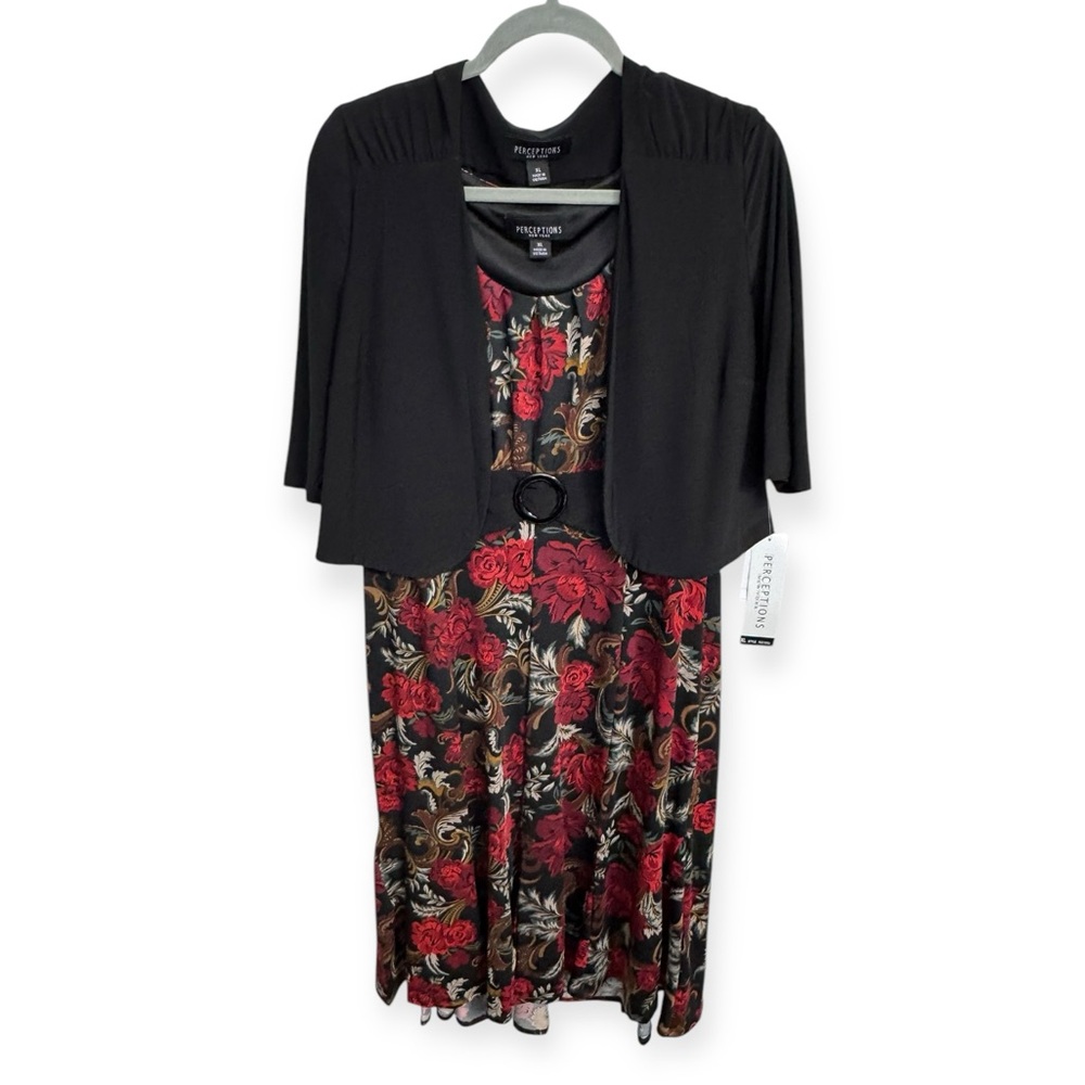 Perceptions Black and Red Floral Midi Dress